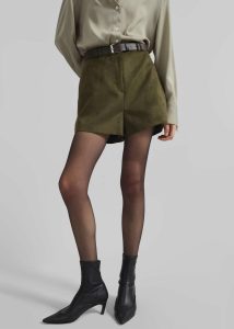 Women The Frankie Shop Merida Faux Suede Shorts - Khaki Green Bottoms - Image 4