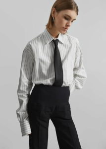 Women The Frankie Shop White Tops Anvers Striped Cotton Button Up Shirt - White/Black Stripe