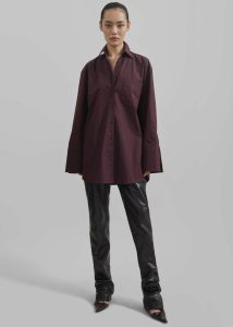 Women Tops The Frankie Shop Purple Helen Organic Cotton Long Shirt - Dark Plum - Image 3