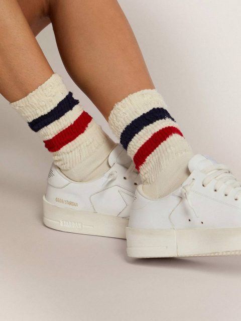 Women Vintage White Socks With Distressed Details And Two-Tone Stripes Golden Goose Socks - Image 3