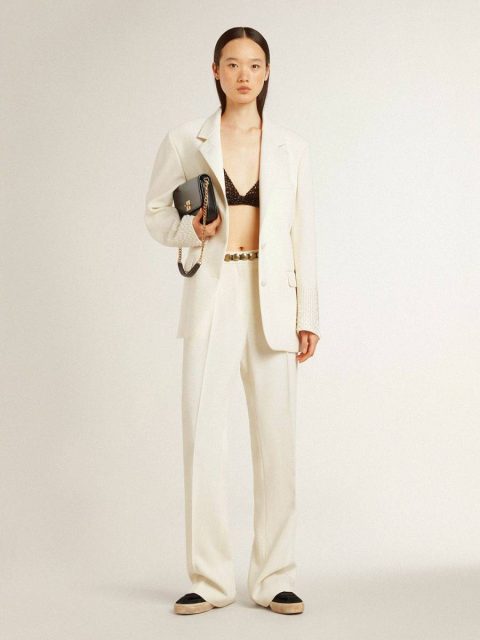 Women White Single-Breasted Oversize Jacket In White With Silk Effect And Embroidery Blazers Golden Goose - Image 3
