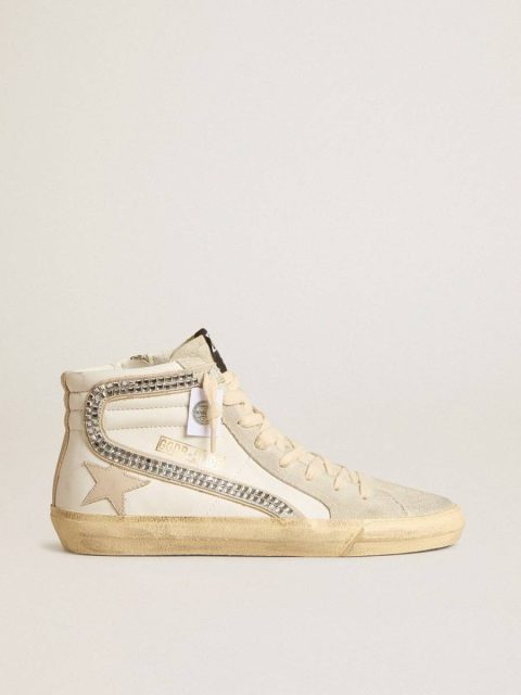 Women White Slide Slide With Nude Leather Star And Suede And Swarovski Crystal Flash Golden Goose