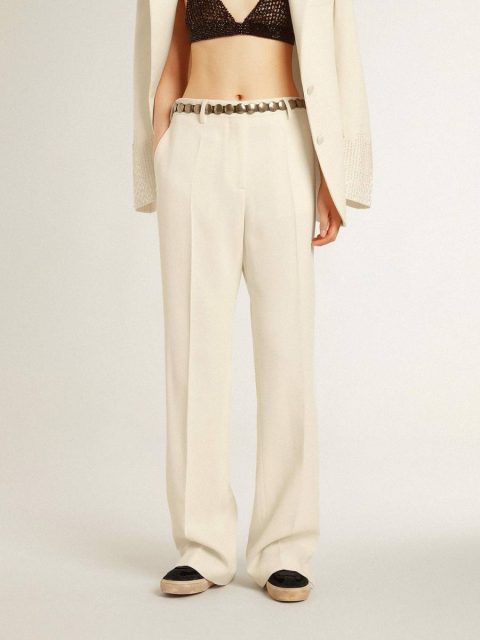 Women White Women's Loose Pants In Worn-White Tailored Fabric Jeans & Pants Golden Goose - Image 4