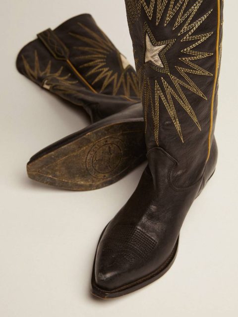 Women Wish Star Boots In Black Leather With Platinum Laminated Leather Inlay Star Black Golden Goose Boots - Image 4