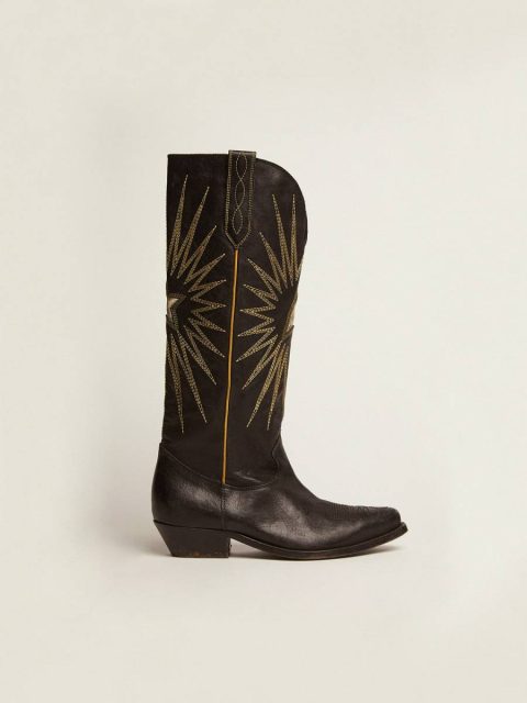 Women Wish Star Boots In Black Leather With Platinum Laminated Leather Inlay Star Black Golden Goose Boots