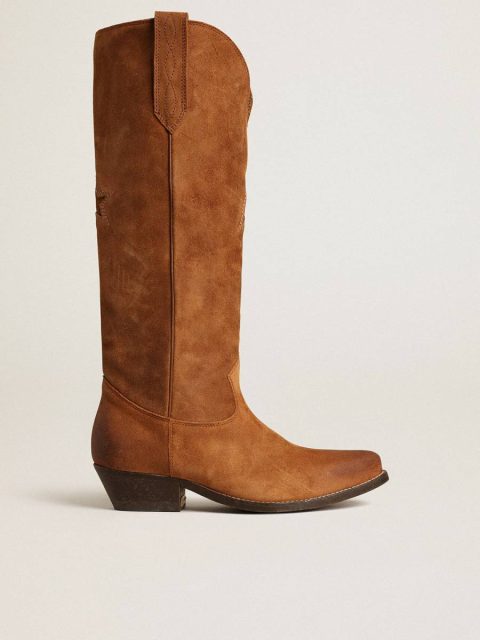 Women Wish Star Boots In Cognac Suede With Tone-On-Tone Inlay Star Boots Golden Goose