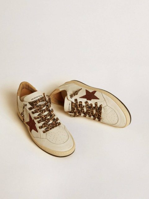 Women Women's Ball Star Ltd With Burgundy Glitter Star And Beige Suede Heel Tab Golden Goose Ball Star White - Image 2