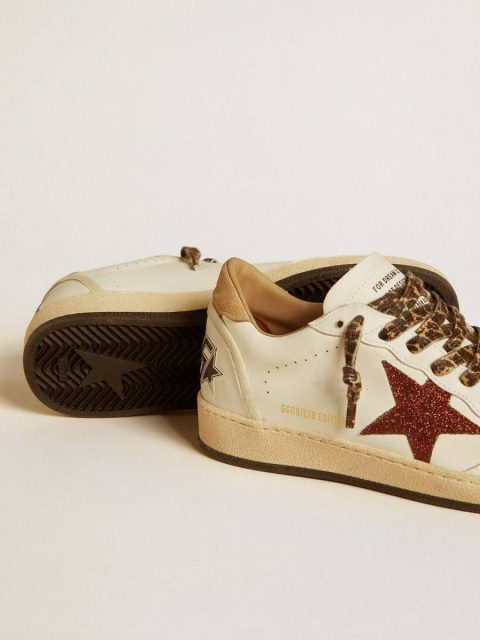 Women Women's Ball Star Ltd With Burgundy Glitter Star And Beige Suede Heel Tab Golden Goose Ball Star White - Image 4
