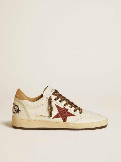 Women Women's Ball Star Ltd With Burgundy Glitter Star And Beige Suede Heel Tab Golden Goose Ball Star White