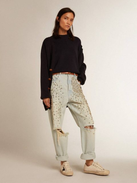 Women Women’s Round-Neck Sweater In Dark Blue Cotton Dark Blue Knitwear Golden Goose - Image 3