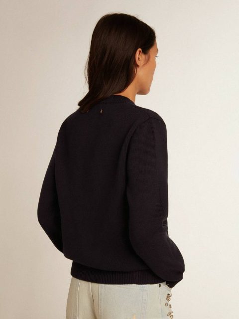 Women Women’s Round-Neck Sweater In Dark Blue Cotton Dark Blue Knitwear Golden Goose - Image 4