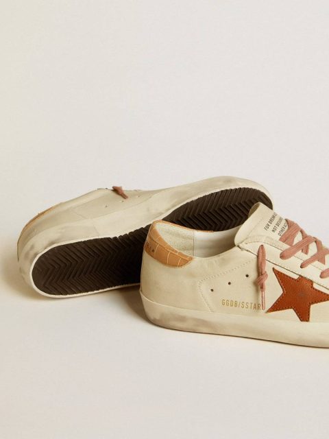 Women Women’s Super-Star With Leather Star And Crocodile-Print Leather Heel Tab Talc Golden Goose Super-Star - Image 3