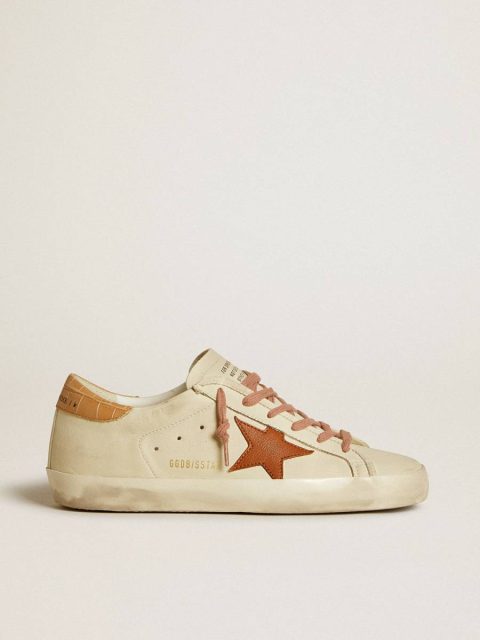 Women Women’s Super-Star With Leather Star And Crocodile-Print Leather Heel Tab Talc Golden Goose Super-Star