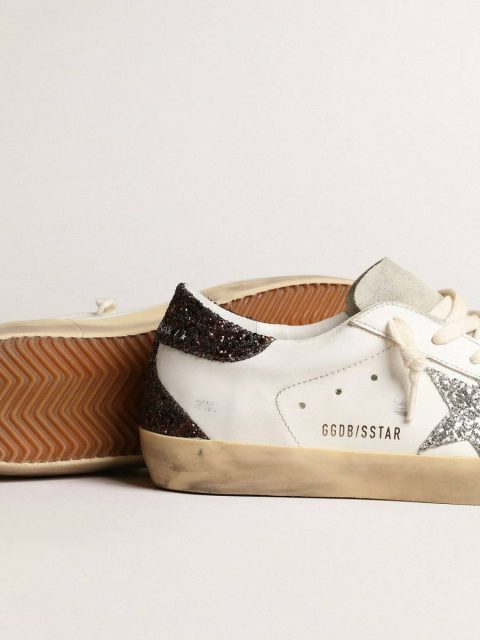 Women Women's Super-Star With Silver Star And Brown Glitter Heel Tab Super-Star White Golden Goose - Image 4