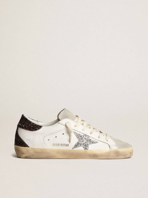 Women Women's Super-Star With Silver Star And Brown Glitter Heel Tab Super-Star White Golden Goose