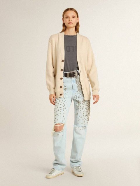 Women’s Beige Cardigan With 'Golden' Lettering On The Back Knitwear Women Beige Golden Goose - Image 3