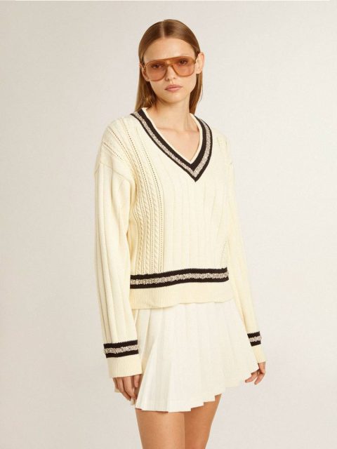 Women's Cable-Pattern Cropped Sweater With Blue Ribbing And Crystals Golden Goose Knitwear Worn White Women - Image 2