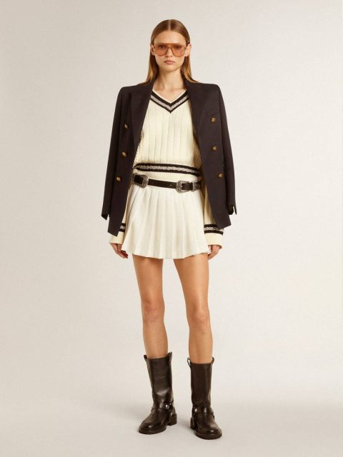 Women's Cable-Pattern Cropped Sweater With Blue Ribbing And Crystals Golden Goose Knitwear Worn White Women - Image 3
