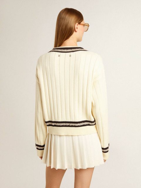 Women's Cable-Pattern Cropped Sweater With Blue Ribbing And Crystals Golden Goose Knitwear Worn White Women - Image 4