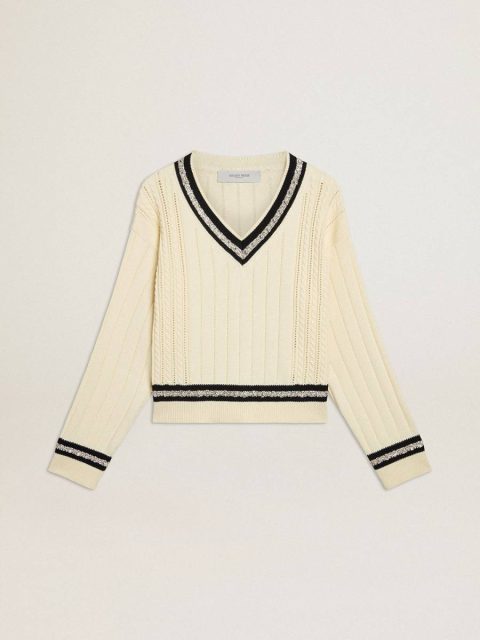 Women's Cable-Pattern Cropped Sweater With Blue Ribbing And Crystals Golden Goose Knitwear Worn White Women