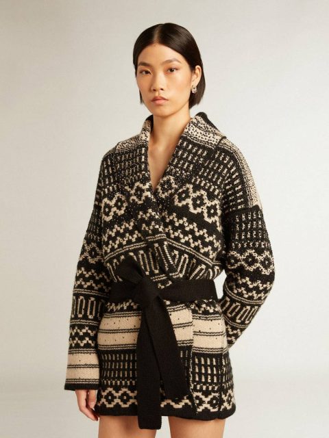 Women’s Cardigan In Ecru Wool With Jacquard Design And Belt Knitwear Ecru And Black Women Golden Goose - Image 2