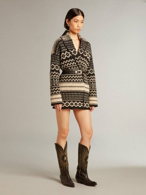 Women’s Cardigan In Ecru Wool With Jacquard Design And Belt Knitwear Ecru And Black Women Golden Goose - Image 3