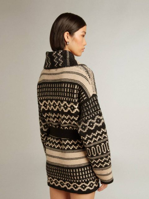 Women’s Cardigan In Ecru Wool With Jacquard Design And Belt Knitwear Ecru And Black Women Golden Goose - Image 4