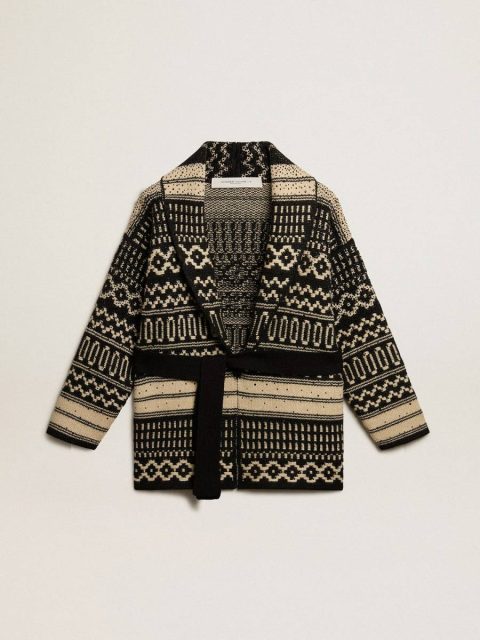 Women’s Cardigan In Ecru Wool With Jacquard Design And Belt Knitwear Ecru And Black Women Golden Goose