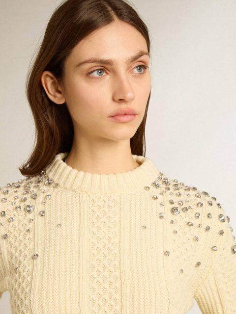 Women's Cropped Worn-White Sweater With Decorative Crystals White Golden Goose Women Knitwear - Image 2