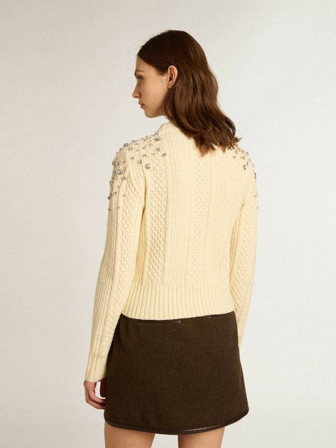 Women's Cropped Worn-White Sweater With Decorative Crystals White Golden Goose Women Knitwear - Image 4