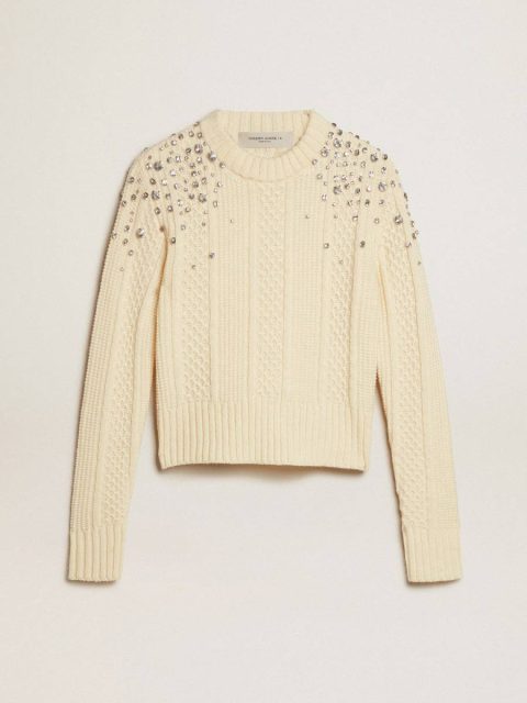 Women's Cropped Worn-White Sweater With Decorative Crystals White Golden Goose Women Knitwear