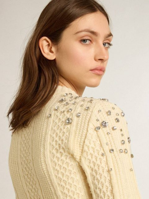 Women's Cropped Worn-White Sweater With Decorative Crystals White Golden Goose Women Knitwear - Image 5