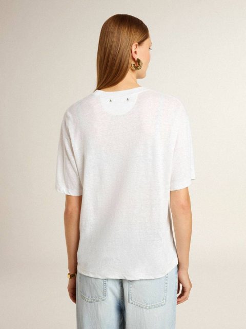 Women's Lightweight White Linen T-Shirt With Print Women T-Shirts & Tops Golden Goose White - Image 4