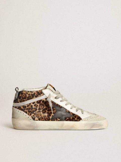 Women's Mid Star In Leopard Print Pony Skin With Black Star Golden Goose Women Mid Star