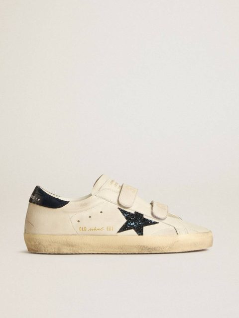 Women's Old School In Leather With Blue Glitter Star And Blue Leather Heel Tab Super-Star White Women Golden Goose