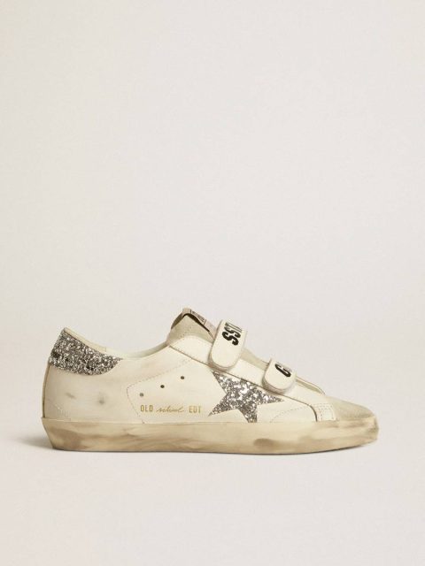 Women’s Old School With Silver Glitter Star And Ice-Gray Suede Tongue Women White Super-Star Golden Goose
