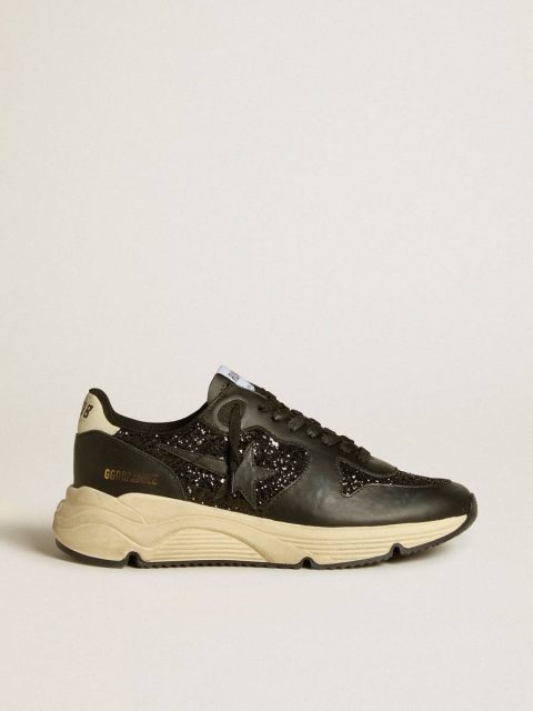 Women's Running Sole In Black Glitter With Leather Star And Nubuck Heel Tab Running Sole Women Golden Goose
