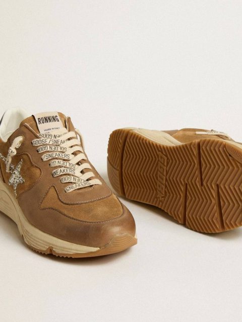 Women’s Running Sole In Tobacco-Colored Nappa Leather And Suede With Silver Glitter Star Women Running Sole Golden Goose - Image 3