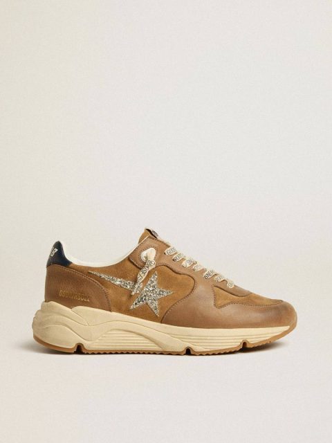 Women’s Running Sole In Tobacco-Colored Nappa Leather And Suede With Silver Glitter Star Women Running Sole Golden Goose