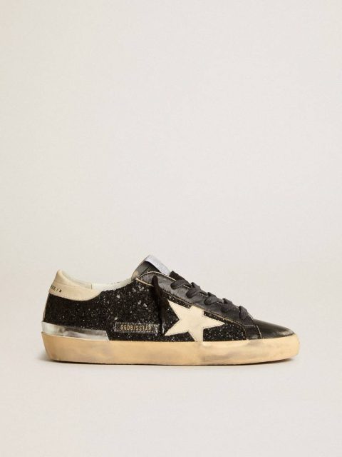 Women's Super-Star In Black Glitter And Nappa With Cream Leather Star And Heel Tab Golden Goose Super-Star Women