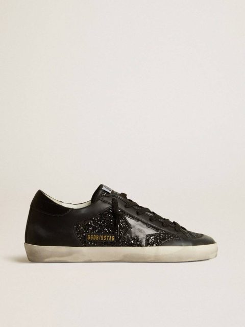 Women's Super-Star In Black Nappa And Glitter With Glossy Black Leather Star Women Super-Star Golden Goose