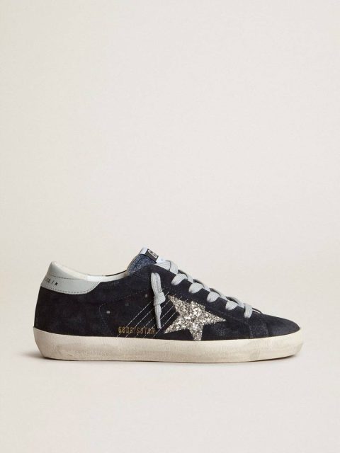 Women’s Super-Star In Blue Suede, Silver Glitter Star And Leather Heel Tab Golden Goose Super-Star Women