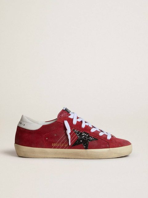 Women’s Super-Star In Red Suede With Glitter Star And White Heel Tab Women Golden Goose Super-Star