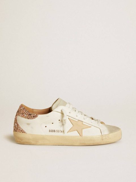Women's Super-Star With Nude Leather Star And Gold Glitter Heel Tab Women Golden Goose Super-Star White