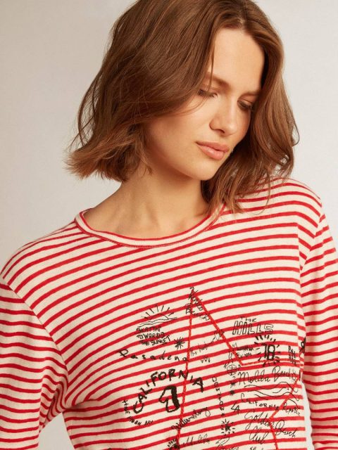 Women's T-Shirt With White And Red Stripes And Embroidery On The Front Women White And Red T-Shirts & Tops Golden Goose - Image 2