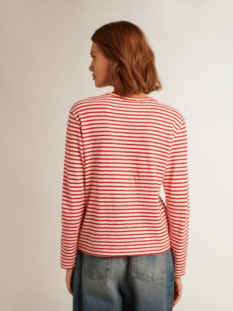 Women's T-Shirt With White And Red Stripes And Embroidery On The Front Women White And Red T-Shirts & Tops Golden Goose - Image 4