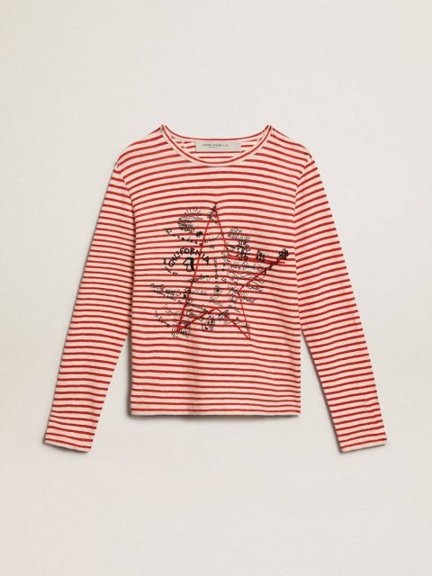 Women's T-Shirt With White And Red Stripes And Embroidery On The Front Women White And Red T-Shirts & Tops Golden Goose