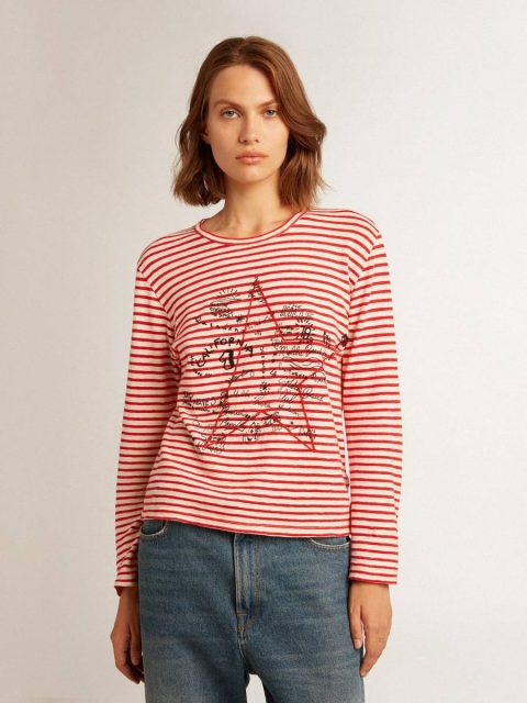 Women's T-Shirt With White And Red Stripes And Embroidery On The Front Women White And Red T-Shirts & Tops Golden Goose - Image 5