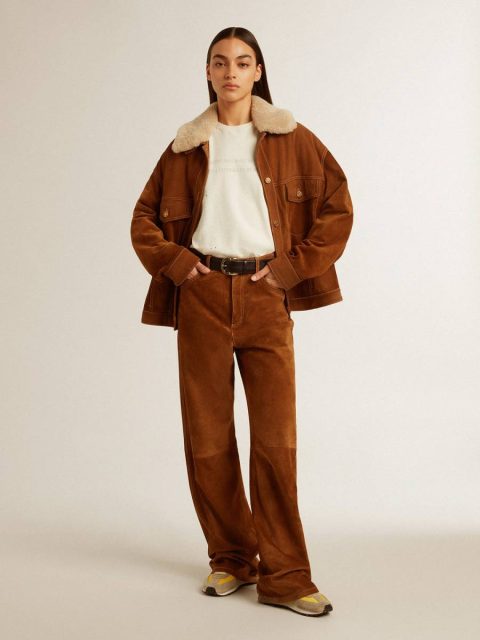 Women's Tobacco-Colored Split Leather Pants Jeans & Pants Women Golden Goose Tobacco - Image 4