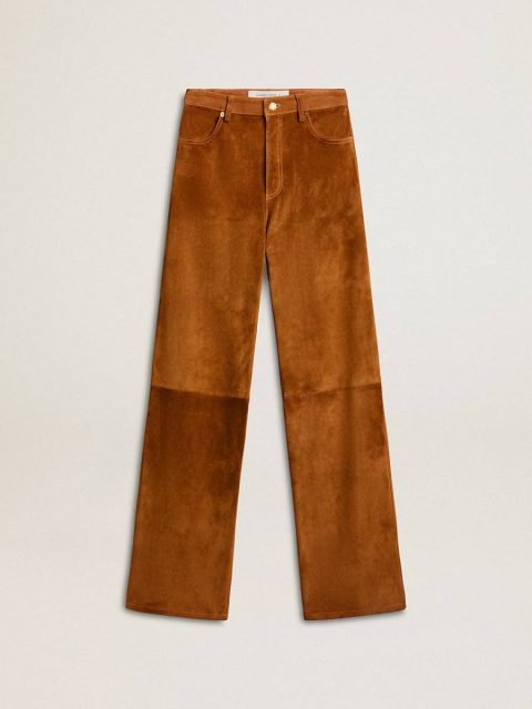 Women's Tobacco-Colored Split Leather Pants Jeans & Pants Women Golden Goose Tobacco